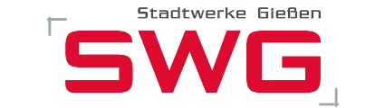 SWG-Logo Logo der Stadtwerke Gießen, dargestellt mit der Abkürzung SWG in roten Großbuchstaben. Oben rechts sieht man die vollständige Schreibweise "Stadtwerke Gießen" und hellgrau.